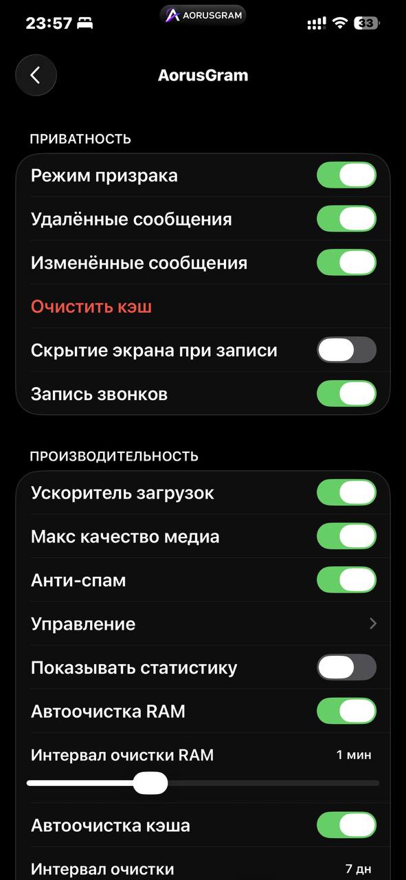 AоrusGram — Настройки